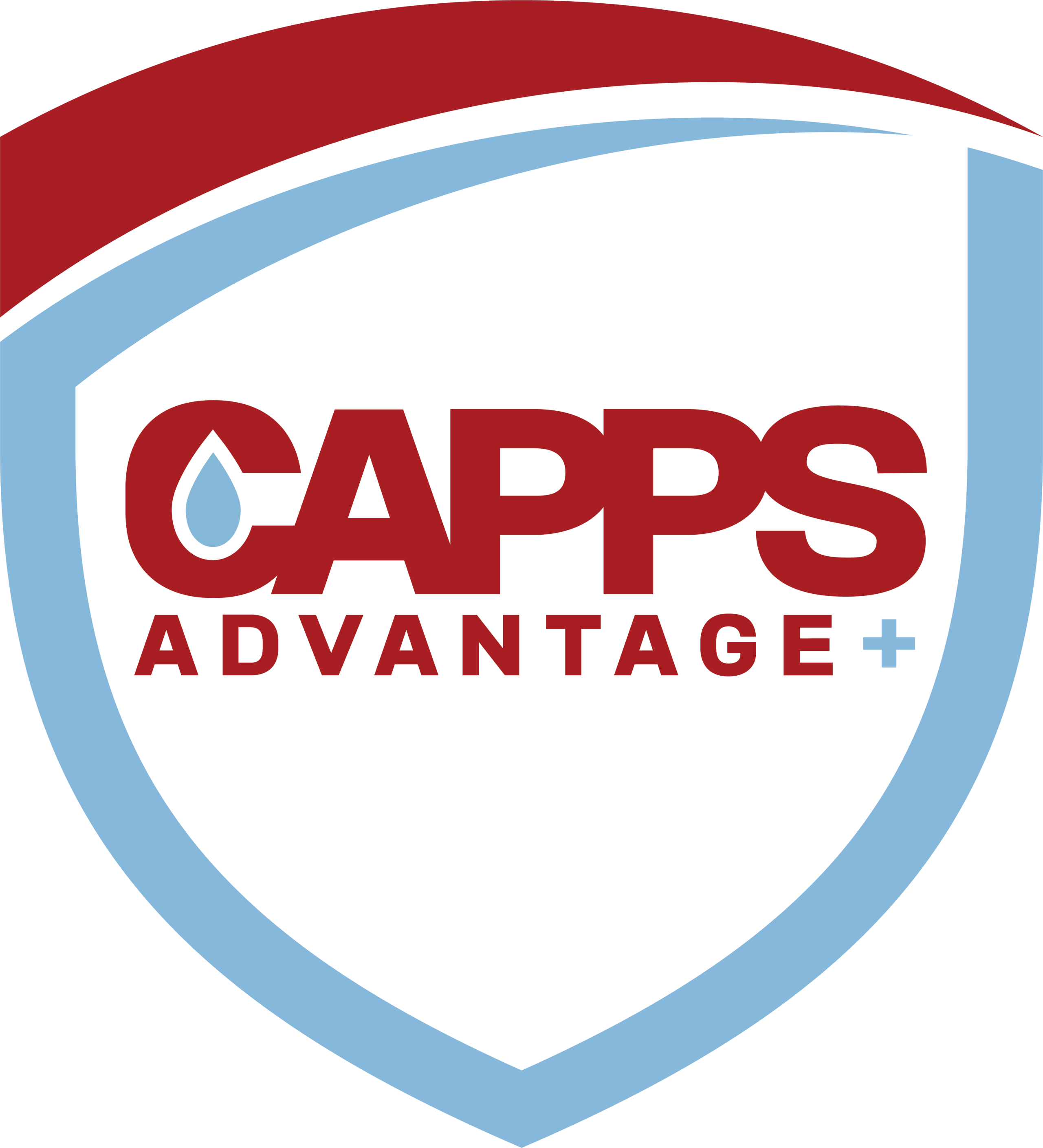A shield-shaped logo with a red curved line at the top, the words Capps ADVANTAGE+ in red and blue, and a blue water droplet replacing the letter A in Capps. A light blue border outlines the shield.