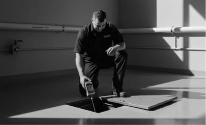 A man in work clothes kneels on the floor, holding a handheld device over an open floor hatch in a brightly lit industrial or utility room.